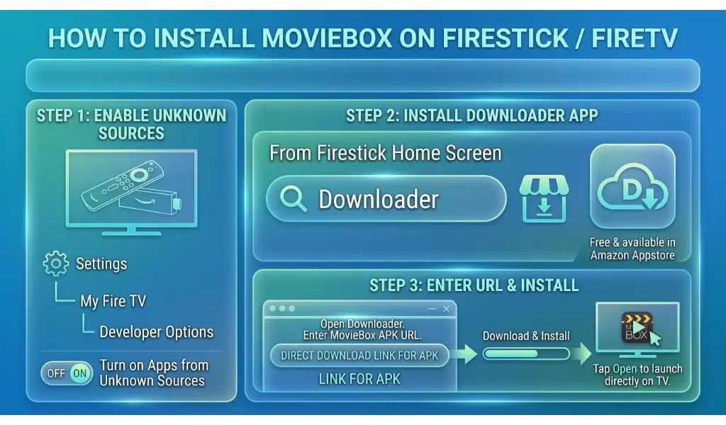 Step-by-step infographic for installing MovieBox APK on Firestick using the Downloader app in three steps