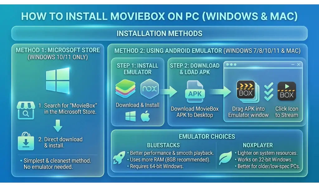Infographic showing two methods to install MovieBox APK on PC: Microsoft Store or BlueStacks/NoxPlayer emulator