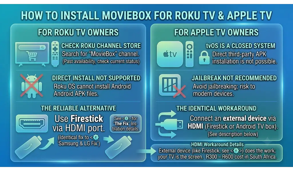 Infographic showing MovieBox APK install steps for Roku TV and Apple TV using a Firestick or Android TV box via HDMI