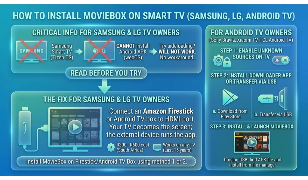 Infographic explaining MovieBox APK setup on Samsung and LG TVs via Firestick, plus direct install steps for Android TV